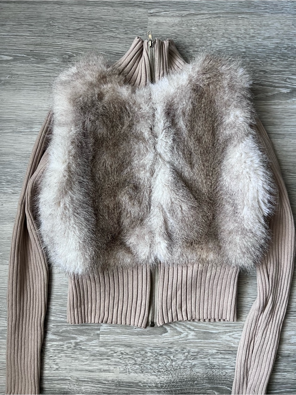 Faux Fur Front Zip Sweater in Brown & Cream